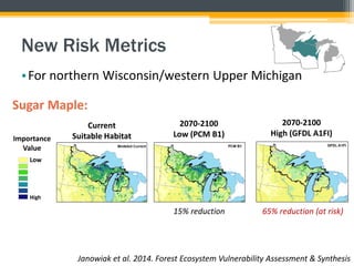 New Risk Metrics
•For northern Wisconsin/western Upper Michigan
Importance
Value
Low
High
2070-2100
Low (PCM B1)
2070-2100
High (GFDL A1FI)
Current
Suitable Habitat
Sugar Maple:
15% reduction 65% reduction (at risk)
Janowiak et al. 2014. Forest Ecosystem Vulnerability Assessment & Synthesis
 