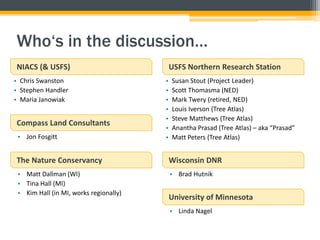 Who‘s in the discussion…
NIACS (& USFS) USFS Northern Research Station
• Chris Swanston
• Stephen Handler
• Maria Janowiak
• Susan Stout (Project Leader)
• Scott Thomasma (NED)
• Mark Twery (retired, NED)
• Louis Iverson (Tree Atlas)
• Steve Matthews (Tree Atlas)
• Anantha Prasad (Tree Atlas) – aka “Prasad”
• Matt Peters (Tree Atlas)
Compass Land Consultants
• Jon Fosgitt
The Nature Conservancy
• Matt Dallman (WI)
• Tina Hall (MI)
• Kim Hall (in MI, works regionally)
Wisconsin DNR
• Brad Hutnik
University of Minnesota
• Linda Nagel
 