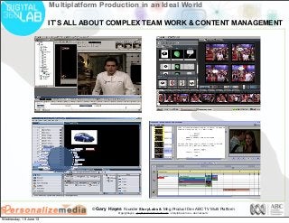 © Gary Hayes Founder StoryLabs & Mng Product Dev ABC TV Multi Platform
@garyphayes - gary@personalizemedia.com - storylabs.com.au - abc.net.au/tv
Multiplatform Production in an Ideal World
IT’S ALL ABOUT COMPLEX TEAM WORK & CONTENT MANAGEMENT
Wednesday, 19 June 13
 