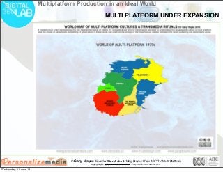 © Gary Hayes Founder StoryLabs & Mng Product Dev ABC TV Multi Platform
@garyphayes - gary@personalizemedia.com - storylabs.com.au - abc.net.au/tv
Multiplatform Production in an Ideal World
MULTI PLATFORM UNDER EXPANSION
Wednesday, 19 June 13
 