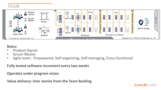 TEAM
Roles:
• Product Owner
• Scrum Master
• Agile team - Empowered, Self-organizing, Self-managing, Cross-functional
Fully tested software increment every two weeks
Operates under program vision
Value delivery: User stories from the Team Backlog
 