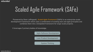 Scaled Agile Framework (SAFe)
www.edureka.co
Pioneered by Dean Leffingwell, Scaled Agile Framework (SAFe) is an enterprise-scale
development framework which uses a combination of existing lean and agile principles and
combines them into a templated framework for large-scale projects.
It leverages 3 primary bodies of knowledge:
Agile Software Development
Lean Product Development
System Thinking
 