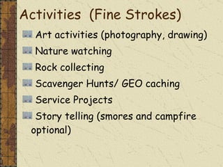 Art activities (photography, drawing) Nature watching  Rock collecting  Scavenger Hunts/ GEO caching Service Projects Story telling (smores and campfire optional) Activities  (Fine Strokes) 