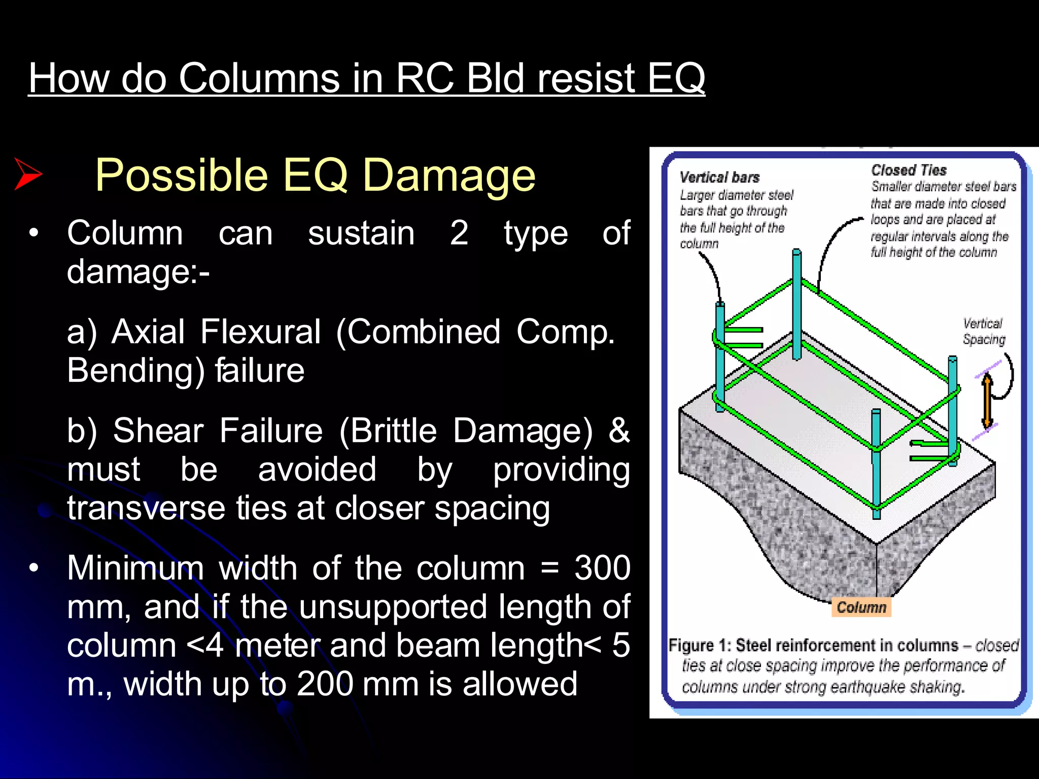 Possible EQ Damage How do Columns in RC Bld resist EQ Column can sustain 2 type of damage:- a) Axial Flexural (Combined Comp.  Bending) failure b) Shear Failure (Brittle Damage) & must be avoided by providing transverse ties at closer spacing Minimum width of the column = 300 mm, and if the unsupported length of column <4 meter and beam length< 5 m., width up to 200 mm is allowed 
