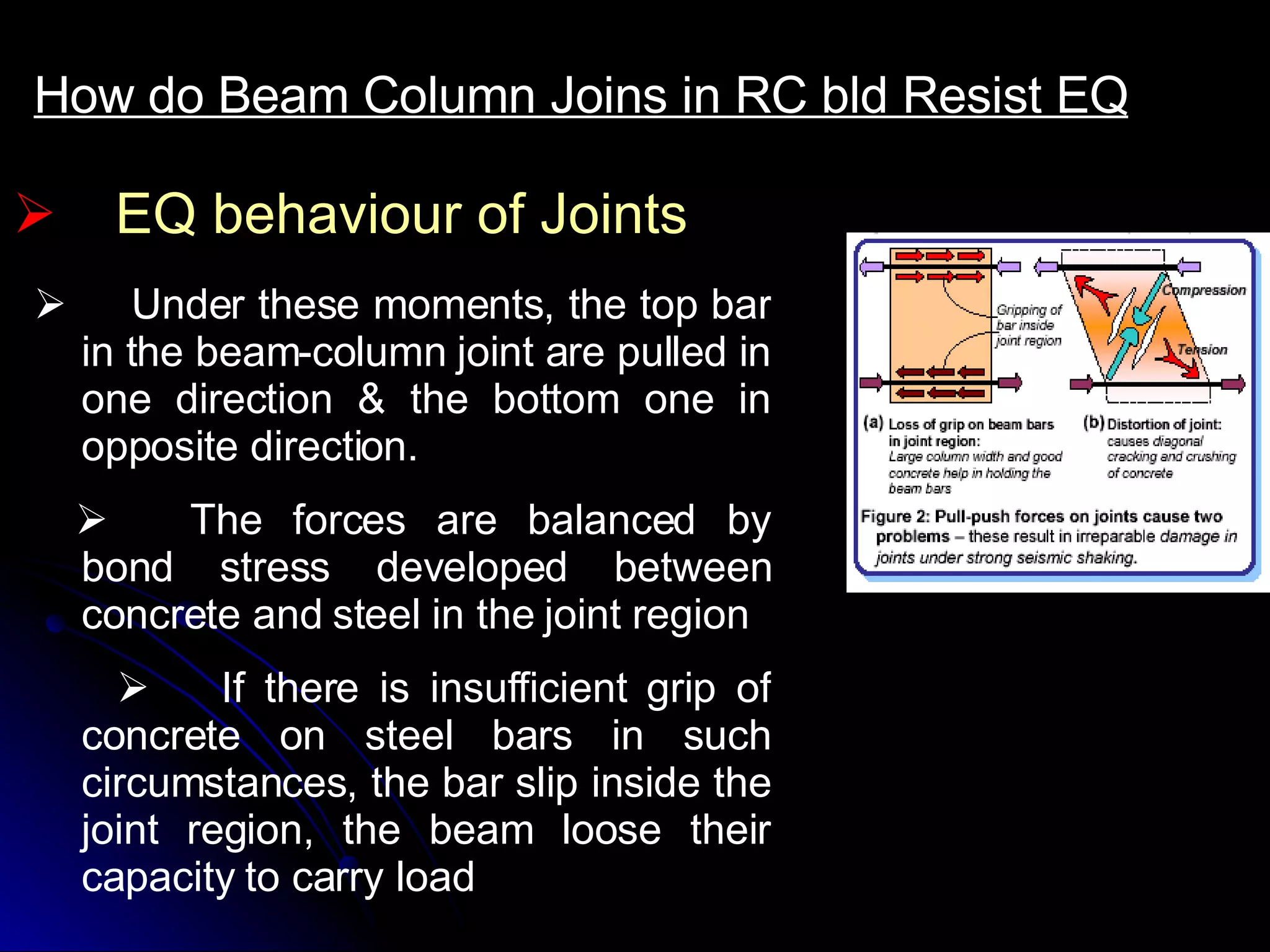 EQ behaviour of Joints How do Beam Column Joins in RC bld Resist EQ         Under these moments, the top bar in the beam-column joint are pulled in one direction & the bottom one in opposite direction.         The forces are balanced by bond stress developed between concrete and steel in the joint region         If there is insufficient grip of concrete on steel bars in such circumstances, the bar slip inside the joint region, the beam loose their capacity to carry load   