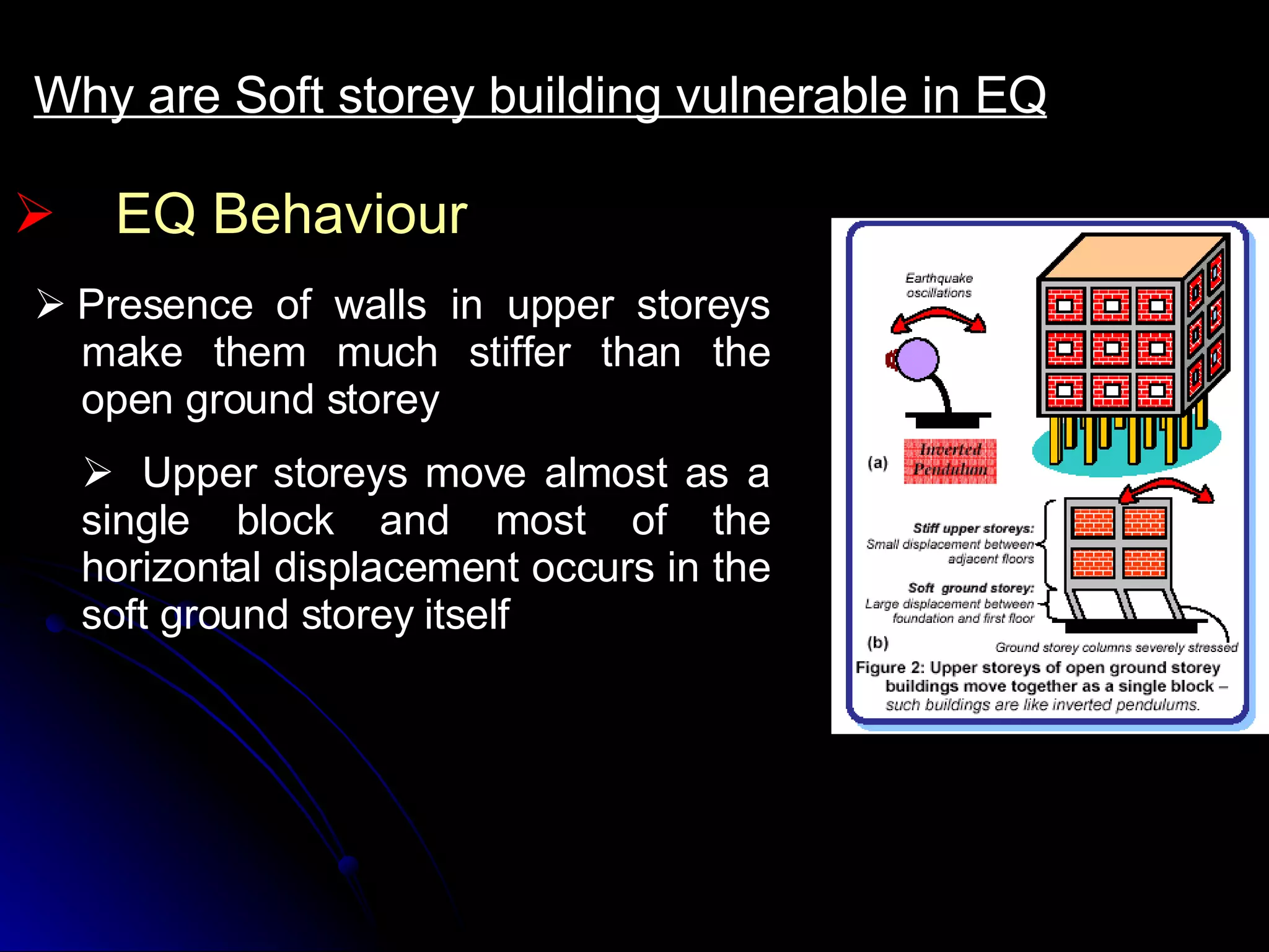 EQ Behaviour Why are Soft storey building vulnerable in EQ    Presence of walls in upper storeys make them much stiffer than the open ground storey     Upper storeys move almost as a single block and most of the horizontal displacement occurs in the soft ground storey itself  