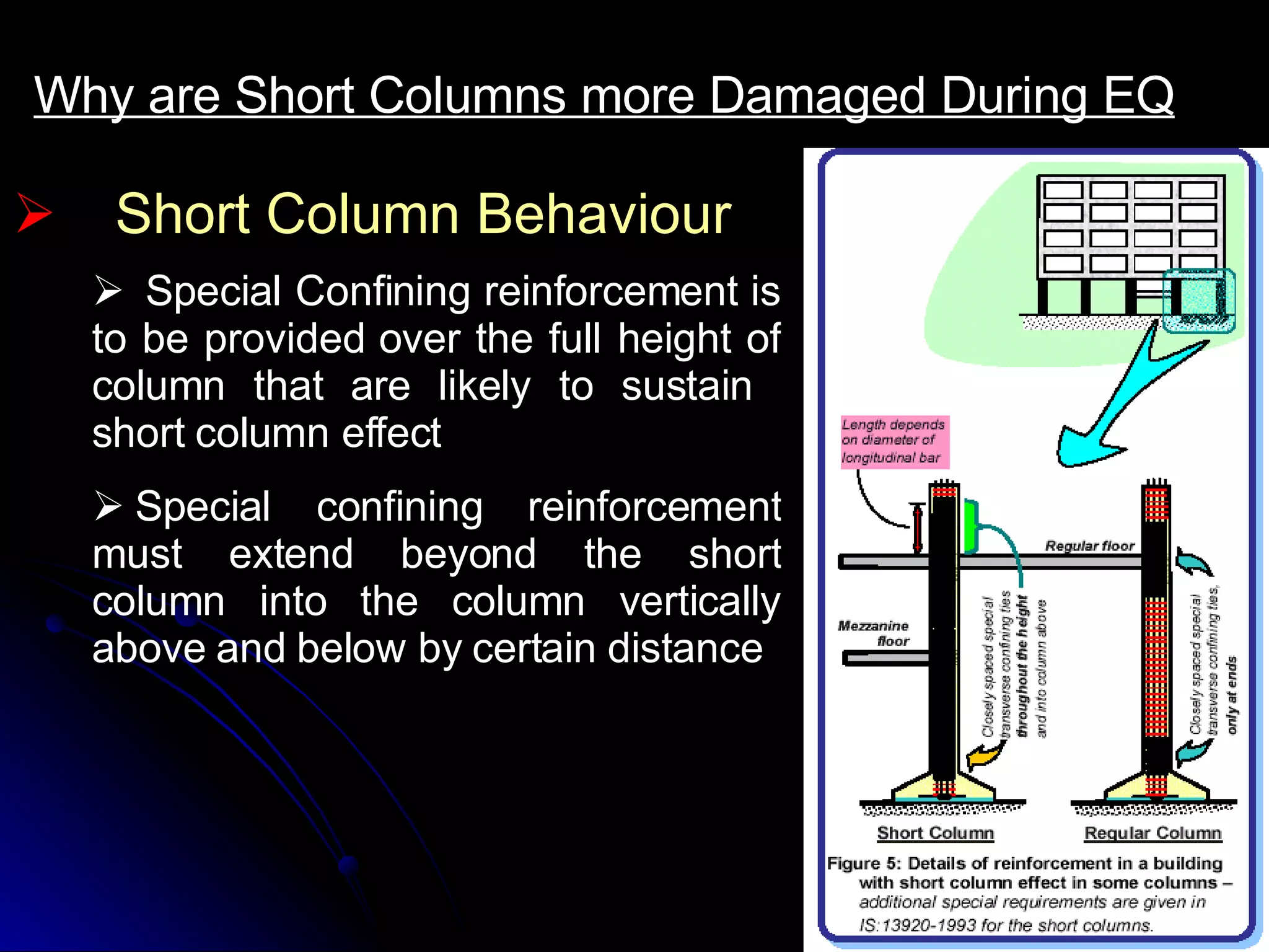 Short Column Behaviour Why are Short Columns more Damaged During EQ     Special Confining reinforcement is to be provided over the full height of column that are likely to sustain  short column effect    Special confining reinforcement must extend beyond the short column into the column vertically above and below by certain distance 