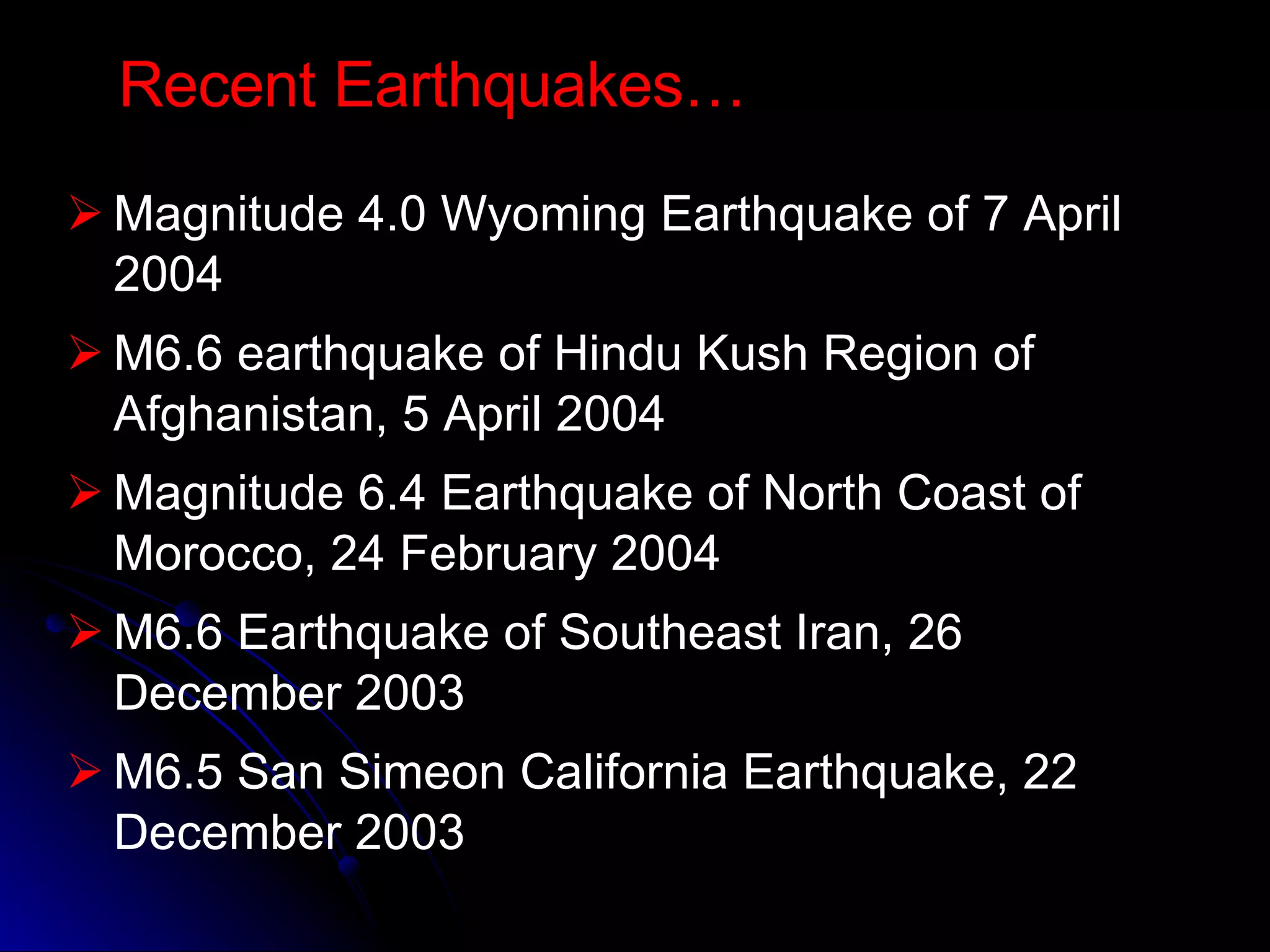 Magnitude 4.0 Wyoming Earthquake of 7 April 2004  M6.6 earthquake of Hindu Kush Region of Afghanistan, 5 April 2004  Magnitude 6.4 Earthquake of North Coast of Morocco, 24 February 2004  M6.6 Earthquake of Southeast Iran, 26 December 2003  M6.5 San Simeon California Earthquake, 22 December 2003 Recent Earthquakes… 