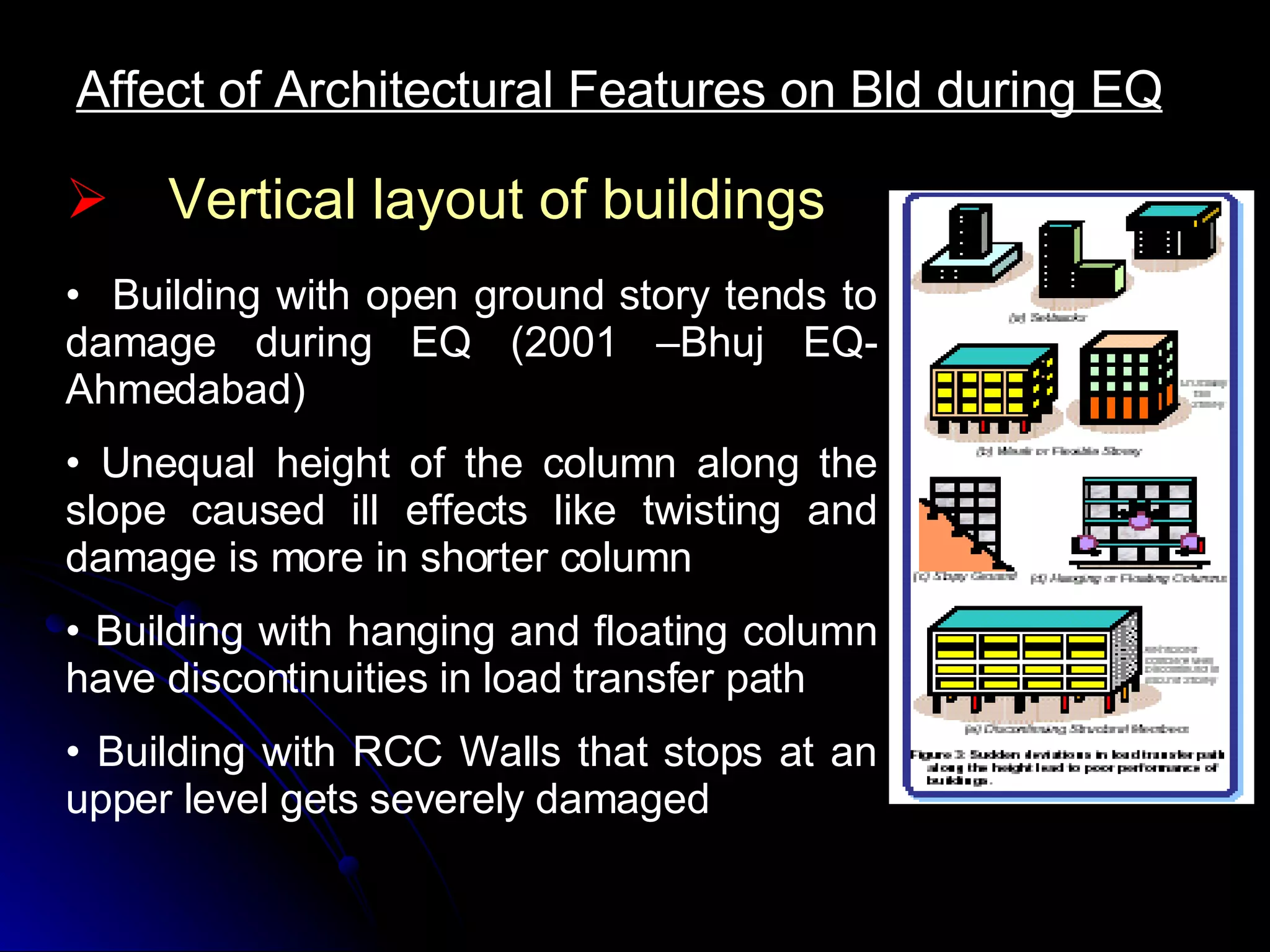 Affect of Architectural Features on Bld during EQ Building with open ground story tends to damage during EQ (2001 –Bhuj EQ-Ahmedabad) Unequal height of the column along the slope caused ill effects like twisting and damage is more in shorter column Building with hanging and floating column have discontinuities in load transfer path Building with RCC Walls that stops at an upper level gets severely damaged  Vertical layout of buildings 