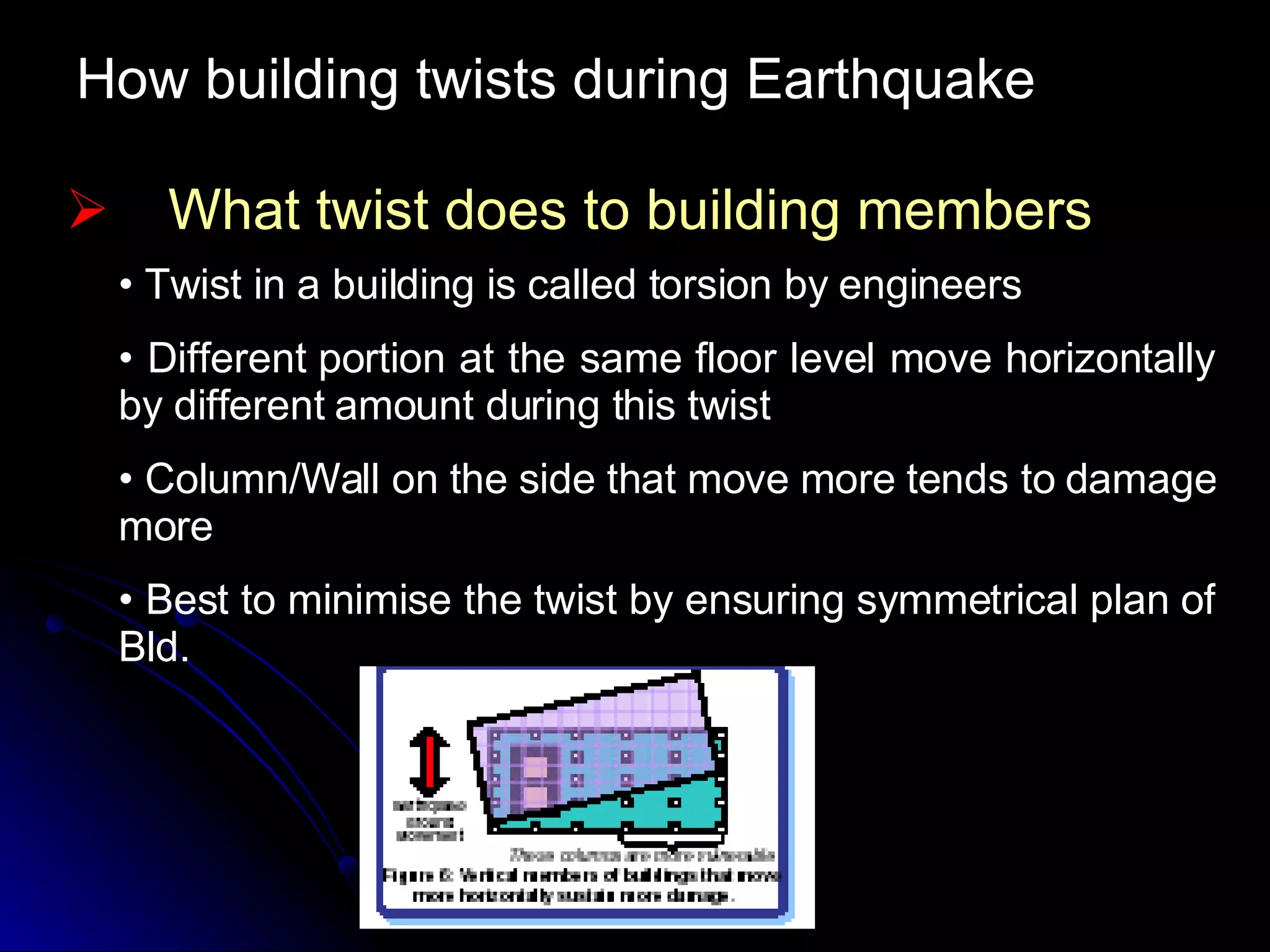 How building twists during Earthquake What twist does to building members Twist in a building is called torsion by engineers Different portion at the same floor level move horizontally by different amount during this twist Column/Wall on the side that move more tends to damage more Best to minimise the twist by ensuring symmetrical plan of Bld. 