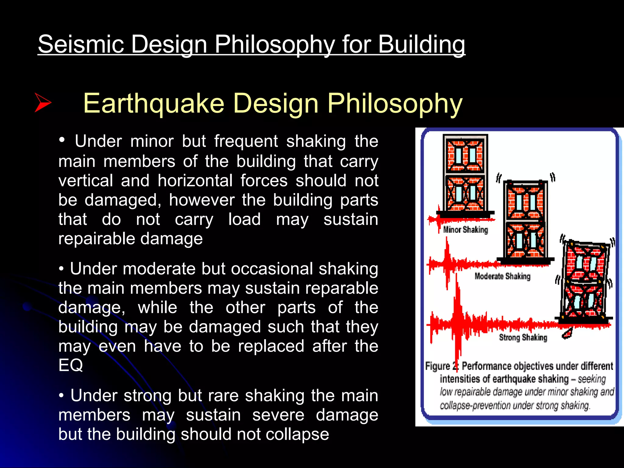 Earthquake Design Philosophy Under minor but frequent shaking the main members of the building that carry vertical and horizontal forces should not be damaged, however the building parts that do not carry load may sustain repairable damage Under moderate but occasional shaking the main members may sustain reparable damage, while the other parts of the building may be damaged such that they may even have to be replaced after the EQ Under strong but rare shaking the main members may sustain severe damage but the building should not collapse  Seismic Design Philosophy for Building 