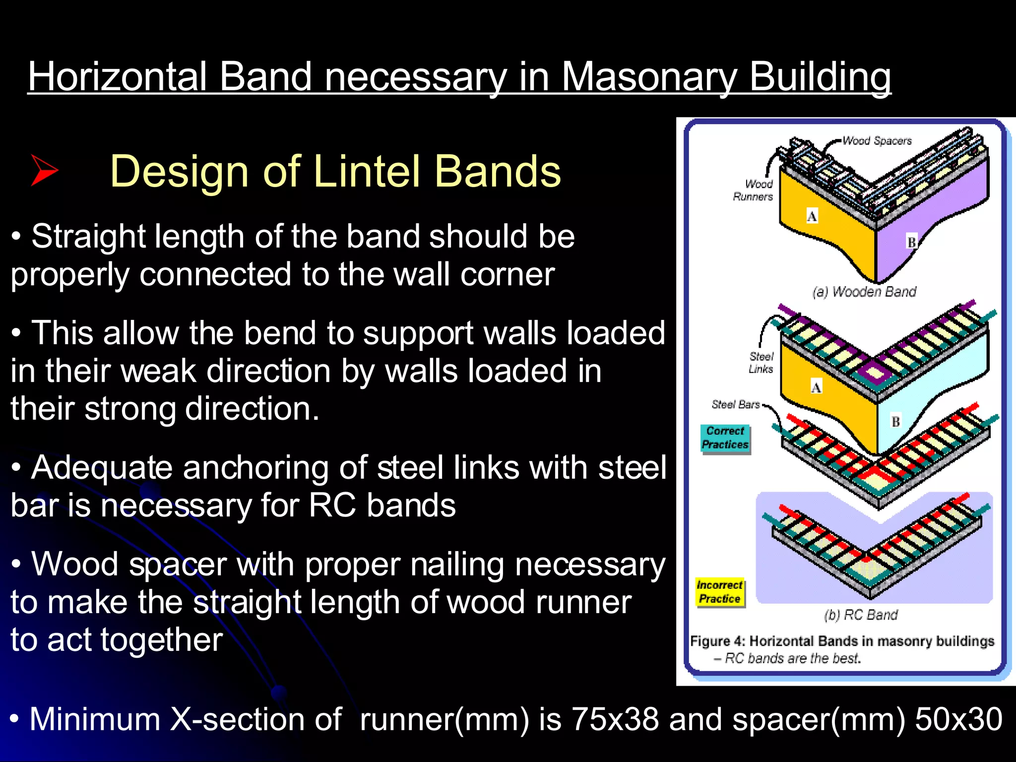 Design of Lintel Bands Horizontal Band necessary in Masonary Building Straight length of the band should be properly connected to the wall corner This allow the bend to support walls loaded in their weak direction by walls loaded in their strong direction. Adequate anchoring of steel links with steel bar is necessary for RC bands Wood spacer with proper nailing necessary to make the straight length of wood runner to act together Minimum X-section of  runner(mm) is 75x38 and spacer(mm) 50x30 