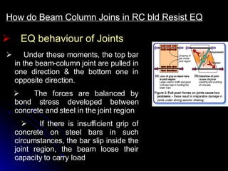 EQ behaviour of Joints How do Beam Column Joins in RC bld Resist EQ         Under these moments, the top bar in the beam-column joint are pulled in one direction & the bottom one in opposite direction.         The forces are balanced by bond stress developed between concrete and steel in the joint region         If there is insufficient grip of concrete on steel bars in such circumstances, the bar slip inside the joint region, the beam loose their capacity to carry load   