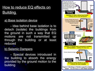 How to reduce EQ effects on Building  a) Base isolation device - Idea behind base isolation is to detach (isolate) the buildings from the ground in such a way that EQ motions are not transmitted up through the building or at least reduced b) Seismic Dampers - Special devices introduced in the building to absorb the energy provided by the ground motion to the building  