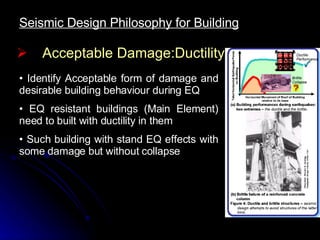 Acceptable Damage:Ductility Identify Acceptable form of damage and desirable building behaviour during EQ EQ resistant buildings (Main Element) need to built with ductility in them Such building with stand EQ effects with some damage but without collapse Seismic Design Philosophy for Building 