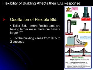 Oscillation of Flexible Bld. Taller Bld. - more flexible and are having larger mass therefore have a larger “T” T of the building varies from 0.05 to 2 seconds Flexibility of Building Affects their EQ Response 