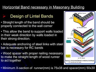 Design of Lintel Bands Horizontal Band necessary in Masonary Building Straight length of the band should be properly connected to the wall corner This allow the bend to support walls loaded in their weak direction by walls loaded in their strong direction. Adequate anchoring of steel links with steel bar is necessary for RC bands Wood spacer with proper nailing necessary to make the straight length of wood runner to act together Minimum X-section of  runner(mm) is 75x38 and spacer(mm) 50x30 