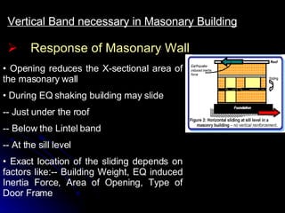 Response of Masonary Wall Vertical Band necessary in Masonary Building Opening reduces the X-sectional area of the masonary wall  During EQ shaking building may slide -- Just under the roof  -- Below the Lintel band -- At the sill level Exact location of the sliding depends on factors like:-- Building Weight, EQ induced Inertia Force, Area of Opening, Type of Door Frame 