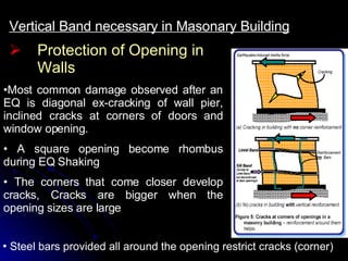 Protection of Opening in Walls Vertical Band necessary in Masonary Building Most common damage observed after an EQ is diagonal ex-cracking of wall pier, inclined cracks at corners of doors and window opening. A square opening become rhombus during EQ Shaking The corners that come closer develop cracks, Cracks are bigger when the opening sizes are large Steel bars provided all around the opening restrict cracks (corner) 