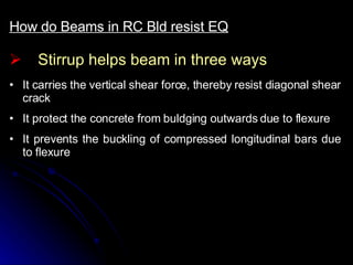 Stirrup helps beam in three ways How do Beams in RC Bld resist EQ It carries the vertical shear force, thereby resist diagonal shear crack It protect the concrete from buldging outwards due to flexure It prevents the buckling of compressed longitudinal bars due to flexure 