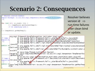 Scenario 2: Consequences
                                                                               Resolver believes
                                                                               version id 
                                                                               run-time failures
                                                                               after clean bind
                                                                               or update.




OSGi DevCon 22.6.2009 Zurich   Premek Brada - Bundle Updates with Verified Compatibility      6
 