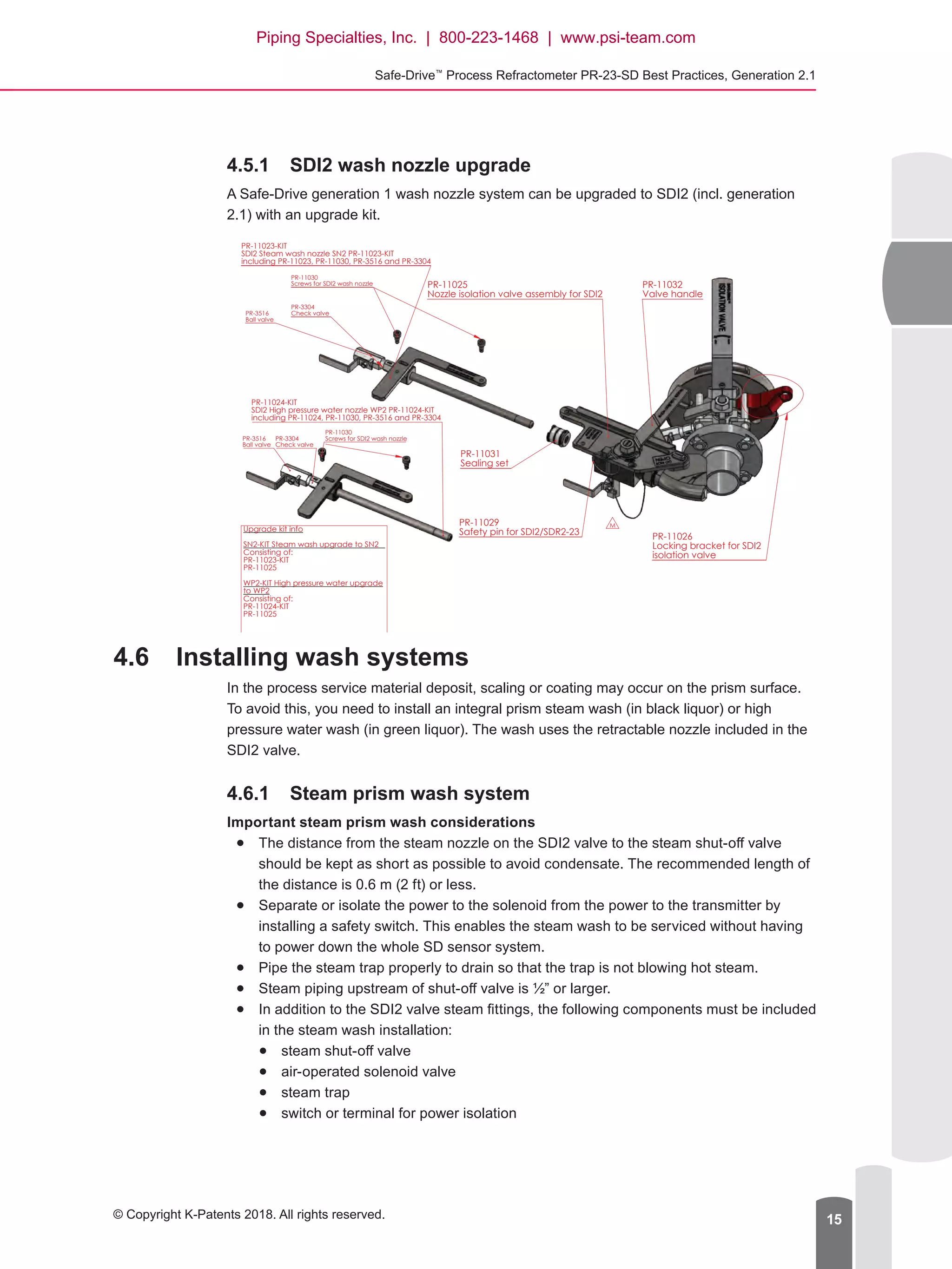 Safe-Drive™
Process Refractometer PR-23-SD Best Practices, Generation 2.1
© Copyright K-Patents 2018. All rights reserved. 15
4.5.1	 SDI2 wash nozzle upgrade
A Safe-Drive generation 1 wash nozzle system can be upgraded to SDI2 (incl. generation
2.1) with an upgrade kit.
PR-11025
Nozzle isolation valve assembly for SDI2
PR-11023-KIT
SDI2 Steam wash nozzle SN2 PR-11023-KIT
including PR-11023, PR-11030, PR-3516 and PR-3304
PR-11026
Locking bracket for SDI2
isolation valve
PR-11032
Valve handle
PR-11029
Safety pin for SDI2/SDR2-23
PR-11030
Screws for SDI2 wash nozzle
PR-3304
Check valvePR-3516
Ball valve
M
PR-11031
Sealing set
PR-11024-KIT
SDI2 High pressure water nozzle WP2 PR-11024-KIT
including PR-11024, PR-11030, PR-3516 and PR-3304
PR-11030
Screws for SDI2 wash nozzlePR-3304
Check valve
PR-3516
Ball valve
C Structure updated 03/09/2014 TL
Sparepart kit structures updated TL17/09/2014D
Upgrade kit info
SN2-KIT Steam wash upgrade to SN2
Consisting of:
PR-11023-KIT
PR-11025
WP2-KIT High pressure water upgrade
to WP2
Consisting of:
PR-11024-KIT
PR-11025
IA7/11/2014Assembly updatedF
IA20/02/2015PR-11030 Description addedG
H Upgrade kit info added 05.03.2015 IA
IA26.05.2015WP2-KIT info updatedI
4.6	 Installing wash systems
In the process service material deposit, scaling or coating may occur on the prism surface.
To avoid this, you need to install an integral prism steam wash (in black liquor) or high
pressure water wash (in green liquor). The wash uses the retractable nozzle included in the
SDI2 valve.
4.6.1	 Steam prism wash system
Important steam prism wash considerations
●● The distance from the steam nozzle on the SDI2 valve to the steam shut-off valve
should be kept as short as possible to avoid condensate. The recommended length of
the distance is 0.6 m (2 ft) or less.
●● Separate or isolate the power to the solenoid from the power to the transmitter by
installing a safety switch. This enables the steam wash to be serviced without having
to power down the whole SD sensor system.
●● Pipe the steam trap properly to drain so that the trap is not blowing hot steam.
●● Steam piping upstream of shut-off valve is ½” or larger.
●● In addition to the SDI2 valve steam fittings, the following components must be included
in the steam wash installation:
●● steam shut-off valve
●● air-operated solenoid valve
●● steam trap
●● switch or terminal for power isolation
Piping Specialties, Inc. | 800-223-1468 | www.psi-team.com
 