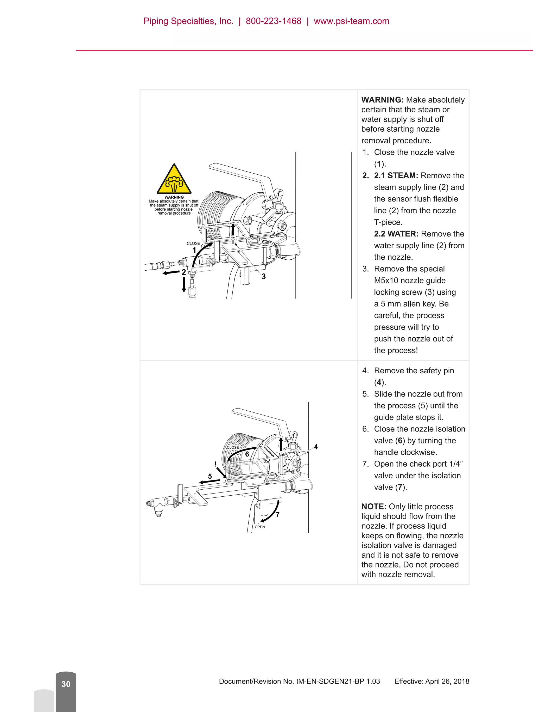 Document/Revision No. IM-EN-SDGEN21-BP 1.03   Effective: April 26, 201830
WARNING: Make absolutely
certain that the steam or
water supply is shut off
before starting nozzle
removal procedure.
1.	 Close the nozzle valve
(1).
2.	 2.1 STEAM: Remove the
steam supply line (2) and
the sensor flush flexible
line (2) from the nozzle
T-piece.
2.2 WATER: Remove the
water supply line (2) from
the nozzle.
3.	 Remove the special
M5x10 nozzle guide
locking screw (3) using
a 5 mm allen key. Be
careful, the process
pressure will try to
push the nozzle out of
the process!
4.	 Remove the safety pin
(4).
5.	 Slide the nozzle out from
the process (5) until the
guide plate stops it.
6.	 Close the nozzle isolation
valve (6) by turning the
handle clockwise.
7.	 Open the check port 1/4”
valve under the isolation
valve (7).
NOTE: Only little process
liquid should flow from the
nozzle. If process liquid
keeps on flowing, the nozzle
isolation valve is damaged
and it is not safe to remove
the nozzle. Do not proceed
with nozzle removal.
CLOSE
WARNING
Make absolutely certain that
the steam supply is shut off
before starting nozzle
removal procedure
1
3
2
6
4
7
5
!
OPEN
CLOSE
Piping Specialties, Inc. | 800-223-1468 | www.psi-team.com
 