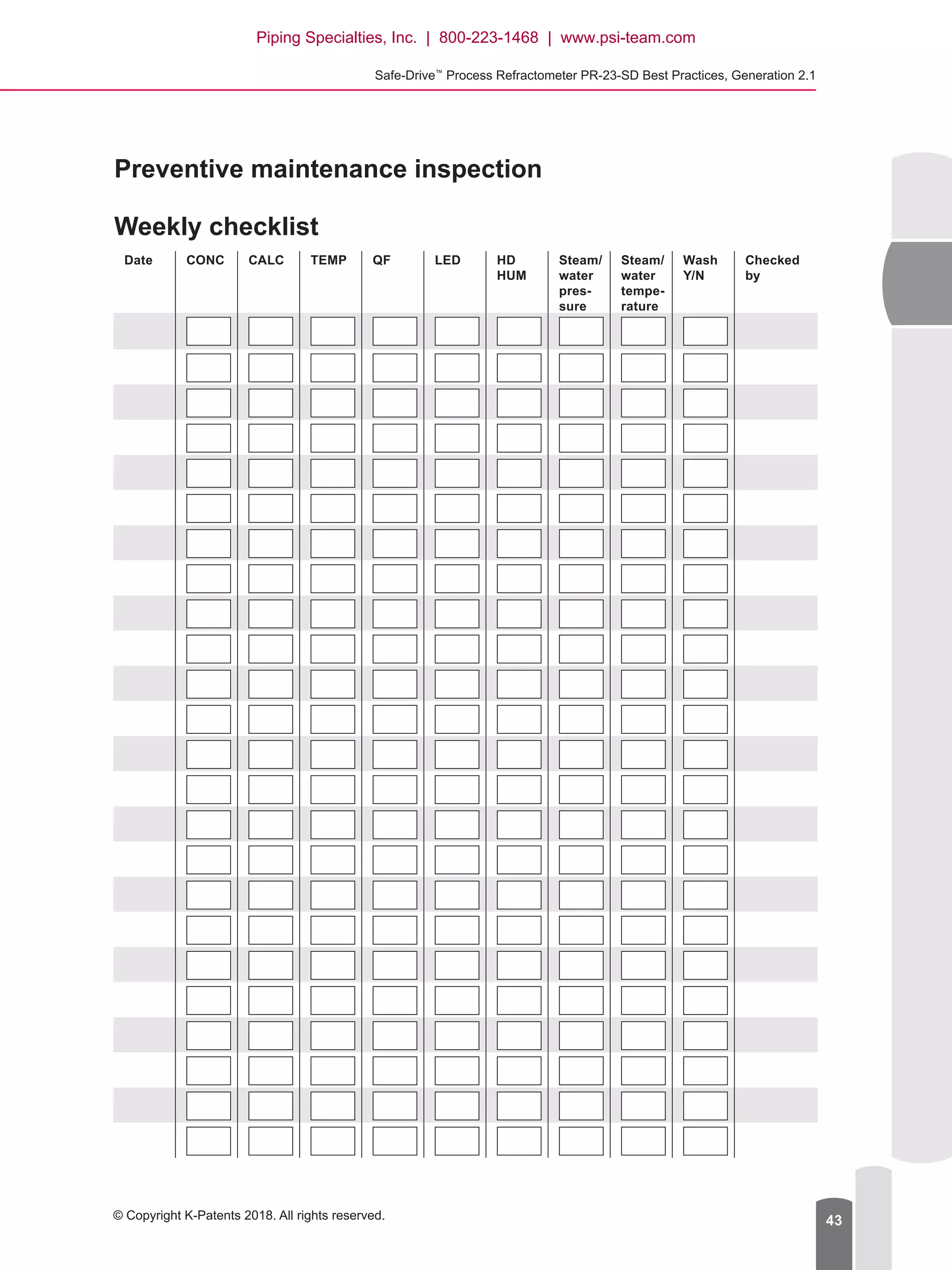 Safe-Drive™
Process Refractometer PR-23-SD Best Practices, Generation 2.1
© Copyright K-Patents 2018. All rights reserved. 43
Preventive maintenance inspection
Weekly checklist
Date CONC CALC TEMP QF LED HD
HUM
Steam/
water
pres­
sure
Steam/
water
tempe­
rature
Wash
Y/N
Checked
by
Piping Specialties, Inc. | 800-223-1468 | www.psi-team.com
 