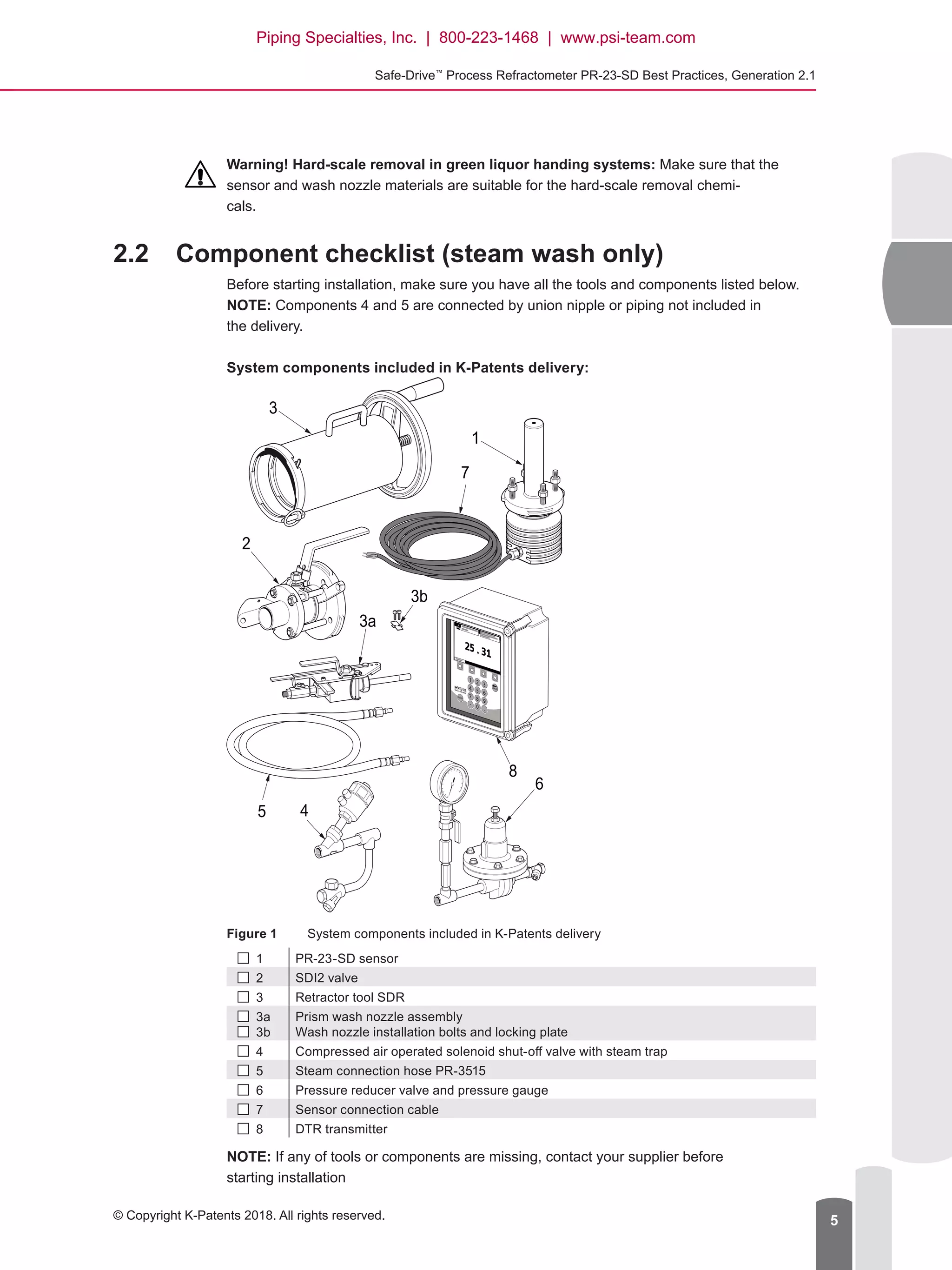 Safe-Drive™
Process Refractometer PR-23-SD Best Practices, Generation 2.1
© Copyright K-Patents 2018. All rights reserved. 5
Warning! Hard-scale removal in green liquor handing systems: Make sure that the
sensor and wash nozzle materials are suitable for the hard-scale removal chemi-
cals.
2.2	 Component checklist (steam wash only)
Before starting installation, make sure you have all the tools and components listed below.
NOTE: Components 4 and 5 are connected by union nipple or piping not included in
the delivery.
System components included in K-Patents delivery:
1 2 3
4 5 6
7 8 9
- 0 .
BACK
ENTER
1
7
5
3b
8
4
6
3
2
3a
Figure 1	 System components included in K-Patents delivery
 1 PR-23-SD sensor
 2 SDI2 valve
 3 Retractor tool SDR
 3a
  3b
Prism wash nozzle assembly
Wash nozzle installation bolts and locking plate
 4 Compressed air operated solenoid shut-off valve with steam trap
 5 Steam connection hose PR-3515
  6 Pressure reducer valve and pressure gauge
 7 Sensor connection cable
  8 DTR transmitter
NOTE: If any of tools or components are missing, contact your supplier before
starting installation
Piping Specialties, Inc. | 800-223-1468 | www.psi-team.com
 