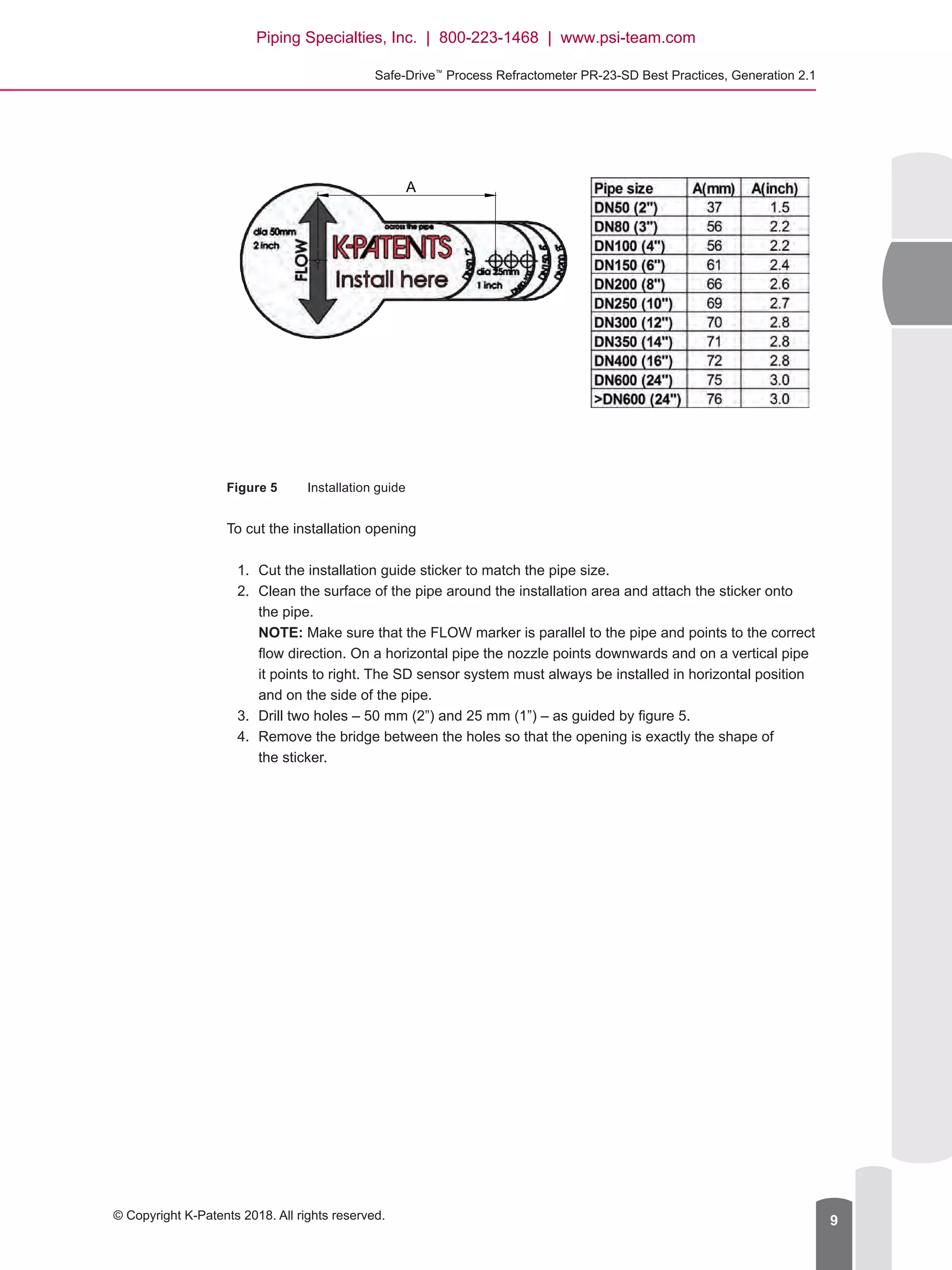 Safe-Drive™
Process Refractometer PR-23-SD Best Practices, Generation 2.1
© Copyright K-Patents 2018. All rights reserved. 9
A
Figure 5	 Installation guide
To cut the installation opening
1.	 Cut the installation guide sticker to match the pipe size.
2.	 Clean the surface of the pipe around the installation area and attach the sticker onto
the pipe.
NOTE: Make sure that the FLOW marker is parallel to the pipe and points to the correct
flow direction. On a horizontal pipe the nozzle points downwards and on a vertical pipe
it points to right. The SD sensor system must always be installed in horizontal position
and on the side of the pipe.
3.	 Drill two holes – 50 mm (2”) and 25 mm (1”) – as guided by figure 5.
4.	 Remove the bridge between the holes so that the opening is exactly the shape of
the sticker.
Piping Specialties, Inc. | 800-223-1468 | www.psi-team.com
 