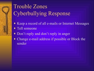 Trouble Zones Cyberbullying Response Keep a record of all e-mails or Internet Messages Tell someone Don’t reply and don’t reply in anger Change e-mail address if possible or Block the sender 