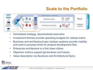 Scale to the Portfolio

• Centralized strategy, decentralized execution
• Investment themes provide operating budgets for release trains
• Business and architectural epic kanban systems provide visibility
and work-in-process limits for product development flow
• Enterprise architecture is a first class citizen
• Objective metrics support governance and kaizen
• Value description via Business and Architectural Epics

© 2008 - 2013 Scaled Agile, Inc. and Leffingwell, LLC. All rights reserved.

 
