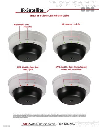 IR-Satellite
Status-at-a-Glance LED Indicator Lights

Microphone 1 On
Power On

SAFE Alert Has Been Sent
3 Red Lights

Microphone 1 & 2 On

SAFE Alert Has Been Acknowledged
2 Green and 1 Red Light

The SAFE System is an alert notification system not intended to prevent emergencies. SAFE System Classroom, our agents, employees, subsidiaries, affiliates and parent companies are exempt
from liability for any loss, damage, injury or other consequence arising directly or indirectly from the application of our equipment. In the event of misuse or malfunction of the SAFE system or
any of its components, SAFE System Classroom, our agents, employees, subsidiaries, affiliates and parent companies are exempt from liability for any loss, damage, injury or other consequence
arising directly or indirectly therefrom.

DC-40027.02

 