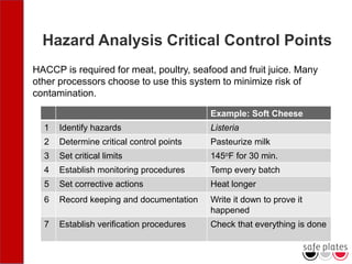 Hazard Analysis Critical Control Points
HACCP is required for meat, poultry, seafood and fruit juice. Many
other processors choose to use this system to minimize risk of
contamination.
Example: Soft Cheese
1 Identify hazards Listeria
2 Determine critical control points Pasteurize milk
3 Set critical limits 145oF for 30 min.
4 Establish monitoring procedures Temp every batch
5 Set corrective actions Heat longer
6 Record keeping and documentation Write it down to prove it
happened
7 Establish verification procedures Check that everything is done
 