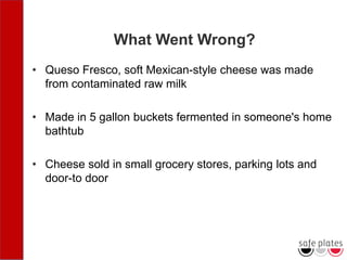 What Went Wrong?
• Queso Fresco, soft Mexican-style cheese was made
from contaminated raw milk
• Made in 5 gallon buckets fermented in someone's home
bathtub
• Cheese sold in small grocery stores, parking lots and
door-to door
 