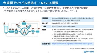 © 2025 NTT DATA Group Corporation 35
大規模アジャイル手法①：Nexus概要
3～9のスクラムチームが単一のプロダクトバックログを共有し、スプリントごとに統合された
インクリメントを作成できるように、スクラムを最小限に拡張したフレームワーク
※ロールにはScrumで定義されていないものを記載
考案者 Scrumの共同考案者であるケン・シュエイバー氏が考案し、彼の設立し
たScrum.orgによって2015年に発表された手法
ロール※ Nexus統合チームメンバーを各チームから選出
人数 3～9チーム程度（合計で数十名規模）
特徴 • 複数チームが単一のプロダクトバックログを共有し、全チームの成果物
をまとめた統合済みインクリメントを毎スプリント作成
• 各チーム横断の課題を扱うNexus統合チームが存在し、チーム間の依
存関係や障害を最小化しながら統合を促進
• Nexusはスクラムを必要最小限に拡張したフレームワークであり、スクラム
にいくつかのイベントや成果物を追加定義している
公式サイト https://www.scrum.org/resources/online-nexus-guide
 