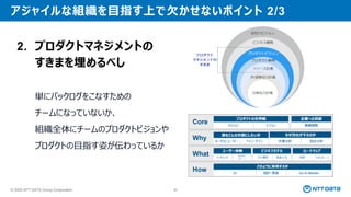 © 2025 NTT DATA Group Corporation 90
アジャイルな組織を目指す上で欠かせないポイント 2/3
2. プロダクトマネジメントの
すきまを埋めるべし
単にバックログをこなすための
チームになっていないか、
組織全体にチームのプロダクトビジョンや
プロダクトの目指す姿が伝わっているか
 