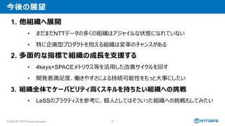 © 2025 NTT DATA Group Corporation 93
今後の展望
1. 他組織へ展開
• まだまだNTTデータの多くの組織はアジャイルな状態になれていない
• 特に企画型プロダクトを抱える組織は変革のチャンスがある
2. 多面的な指標で組織の成長を支援する
• 4keys+SPACEメトリクス等を活用した改善サイクルを回す
• 開発者満足度、働きやすさによる持続可能性をもっと大事にしたい
3. 組織全体でケーパビリティ高くスキルを持ちたい組織への挑戦
• LeSSのプラクティスを参考に、個人としてはそういった組織への挑戦もしてみたい
 