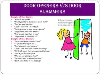 Getting your child to talk:
         Door openers V/s Door
               slammers
Examples of Door Openers
  "What do you think?"
  "Would you like to share more about that?"
  "That's a good question."
  "I don't know, but I'll find out"
  "I'm interested in what you are saying."
  "Do you know what that means?"
  "That sounds important to you."
  "Do you want to talk about it?"
Examples of Door Slammers
  "You are too young to understand."
  "If you say that again, I'll..."
  "That's none of your business."
  "I don't care what your friends are doing!"
  "We'll talk about that when you need to know."
  "That's just for boys/girls"
  "Why are you asking me that?"
  "You don't need to know about that."
  "Don't come to me if you mess up."
 