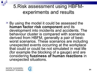 31
INCDPM ”ALEXANDRU
DARABONT”,ROMANIA
5.Risk assessment using HBFM-
experiments and results
 By using the model it could be assessed the
human factor risk component and its
development into incidents and accidents. The
behaviour cluster is compared with scenarios
derived from HBFM, generally a pair of best-
worst scenarios. These scenarios are including
unexpected events occurring at the workplace
that could or could be not simulated in real life
(for example the blocking of a gauge) and are
considering fuzziness of human reactions in
unexpected situations.
 