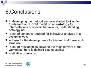 39
INCDPM ”ALEXANDRU
DARABONT”,ROMANIA
6.Conclusions
 In developing the method we have started looking to
fundament our HBFM model on an ontology for
interpretations of specific behaviours, understanding
ontology as:
 -a set of concepts required for behaviour analysis in a
systemic way;
 -a base for the development of a hierarchical framework
structure;
 -a set of relationships between the main players at the
workplace; here is defined also causality;
 -definition of axioms;
 