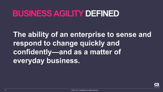 © 2017 CA. Confidential. All rights reserved.6
BUSINESS AGILITY DEFINED
The ability of an enterprise to sense and
respond to change quickly and
confidently—and as a matter of
everyday business.
 