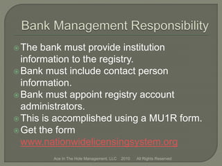 The bank must provide institution
information to the registry.
Bank must include contact person
information.
Bank must appoint registry account
administrators.
This is accomplished using a MU1R form.
Get the form
www.nationwidelicensingsystem.org
Ace In The Hole Management, LLC 2010 All Rights Reserved
 