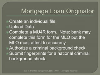 Create an individual file.
Upload Data
Complete a MU4R form. Note: bank may
complete this form for the MLO but the
MLO must attest to accuracy.
Authorize a criminal background check.
Submit fingerprints for a national criminal
background check.
Ace In The Hole Management, LLC 2010 All Rights Reserved
 