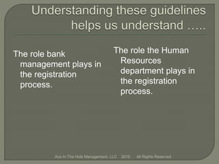 The role bank
management plays in
the registration
process.
The role the Human
Resources
department plays in
the registration
process.
Ace In The Hole Management, LLC 2010 All Rights Reserved
 