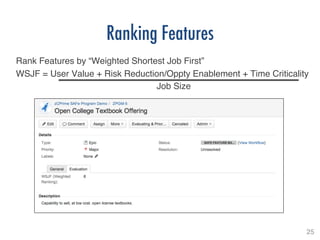 25!
Ranking Features
Rank Features by “Weighted Shortest Job First”!
WSJF = User Value + Risk Reduction/Oppty Enablement + Time Criticality!
Job Size!
!
 
