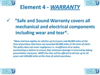 Element 4 - WARRANTY

 “Safe and Sound Warranty covers all
  mechanical and electrical components
  including wear and tear*.
  *Wear and tear applies to vehicles up to 6 years and 60,000 miles at the
  time of purchase that have not exceeded 85,000 miles at the time of claim.
  The policy does not cover negligence i.e. insufficient oil or water,
  overheating or failure to ensure that minimum damage is incurred by taking
  preventative measures. WMS Five Star will be offered to all cars up to 10
  years and 100,000 miles at the time of vehicle purchase.
 