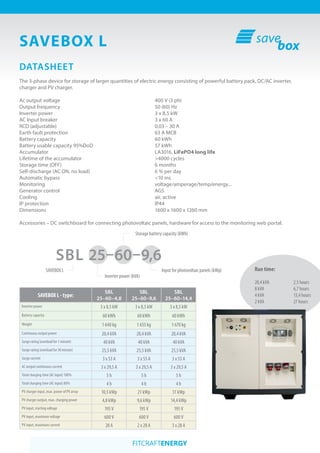 SAVEBOX L
SBL 25–60–9,6
DATASHEET
The 3-phase device for storage of larger quantities of electric energy consisting of powerful battery pack, DC/AC inverter,
charger and PV charger.
Ac output voltage	 				 400 V (3 ph)
Output frequency 					 50 (60) Hz
Inverter power						3 x 8,5 kW
AC Input breaker						 3 x 60 A
RCD (adjustable)						0,03 – 30 A
Earth fault protection					 63 A MCB
Battery capacity						60 kWh
Battery usable capacity 95%DoD				 57 kWh
Accumulator 						LA3016, LiFePO4 long life
Lifetime of the accumulator				 >4000 cycles
Storage time (OFF)	 				 6 months
Self-discharge (AC ON, no load)		 		 6 % per day
Automatic bypass					<10 ms
Monitoring 						voltage/amperage/temp/energy...
Generator control					AGS
Cooling 							air, active
IP protection						IP44
Dimensions 						 1600 x 1600 x 1260 mm
Accessories – DC switchboard for connecting photovoltaic panels, hardware for access to the monitoring web portal.
Inverter power (kVA)
SAVEBOX L
Storage battery capacity (kWh)
Input for photovoltaic panels (kWp)
SAVEBOX L - type:
SBL
25–60–4,8
SBL
25–60–9,6
SBL
25–60–14,4
Inverter power 3 x 8,5 kW 3 x 8,5 kW 3 x 8,5 kW
Battery capacity 60 kWh 60 kWh 60 kWh
Weight 1 640 kg 1 655 kg 1 670 kg
Continuous output power 20,4 kVA 20,4 kVA 20,4 kVA
Surge rating (overload for 1 minute) 40 kVA 40 kVA 40 kVA
Surge rating (overload for 30 minute) 25,5 kVA 25,5 kVA 25,5 kVA
Surge current 3 x 53 A 3 x 53 A 3 x 53 A
AC output continuous current 3 x 29,5 A 3 x 29,5 A 3 x 29,5 A
Total charging time (AC input) 100% 5 h 5 h 5 h
Total charging time (AC input) 80% 4 h 4 h 4 h
PV charger input, max. power of PV array 10,5 kWp 21 kWp 31 kWp
PV charger output, max. charging power 4,8 kWp 9,6 kWp 14,4 kWp
PV input, starting voltage 195 V 195 V 195 V
PV input, maximum voltage 600 V 600 V 600 V
PV input, maximum current 28 A 2 x 28 A 3 x 28 A
Run time:
20,4 kVA		 2,5 hours
8 kVA		 6,7 hours
4 kVA		 13,4 hours
2 kVA		 27 hours
 