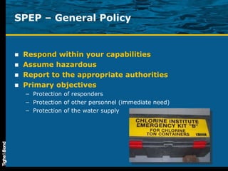 SPEP – General Policy Respond within your capabilities Assume hazardous Report to the appropriate authorities Primary objectives Protection of responders Protection of other personnel (immediate need) Protection of the water supply 
