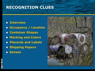 RECOGNITION CLUES Interview Occupancy / Location Container Shapes Marking and Colors Placards and Labels Shipping Papers Senses 